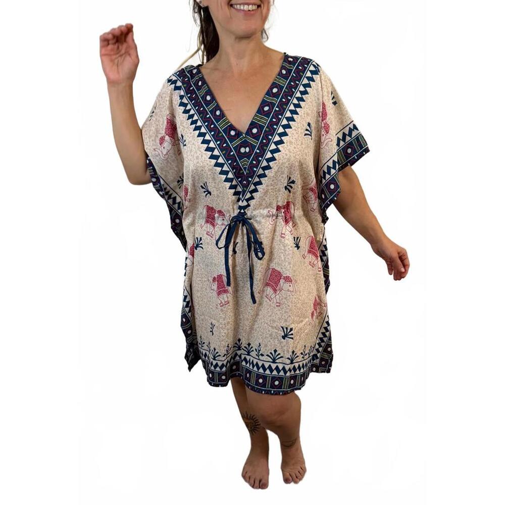 NWT Boho Style Blue Creme Red Caftan Swim Beach Cover up Dress L XL XXL